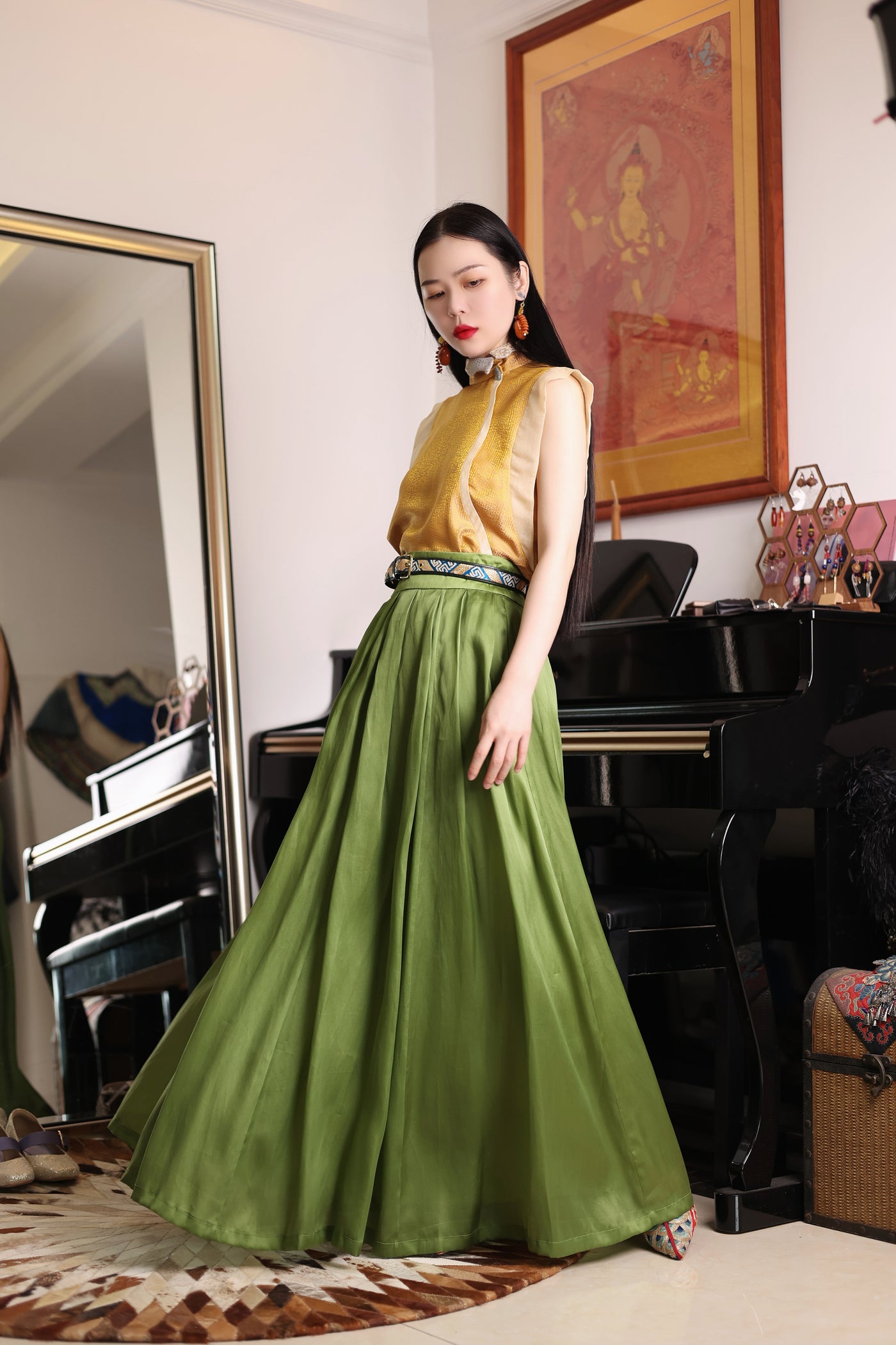 Yellow top + green long skirt