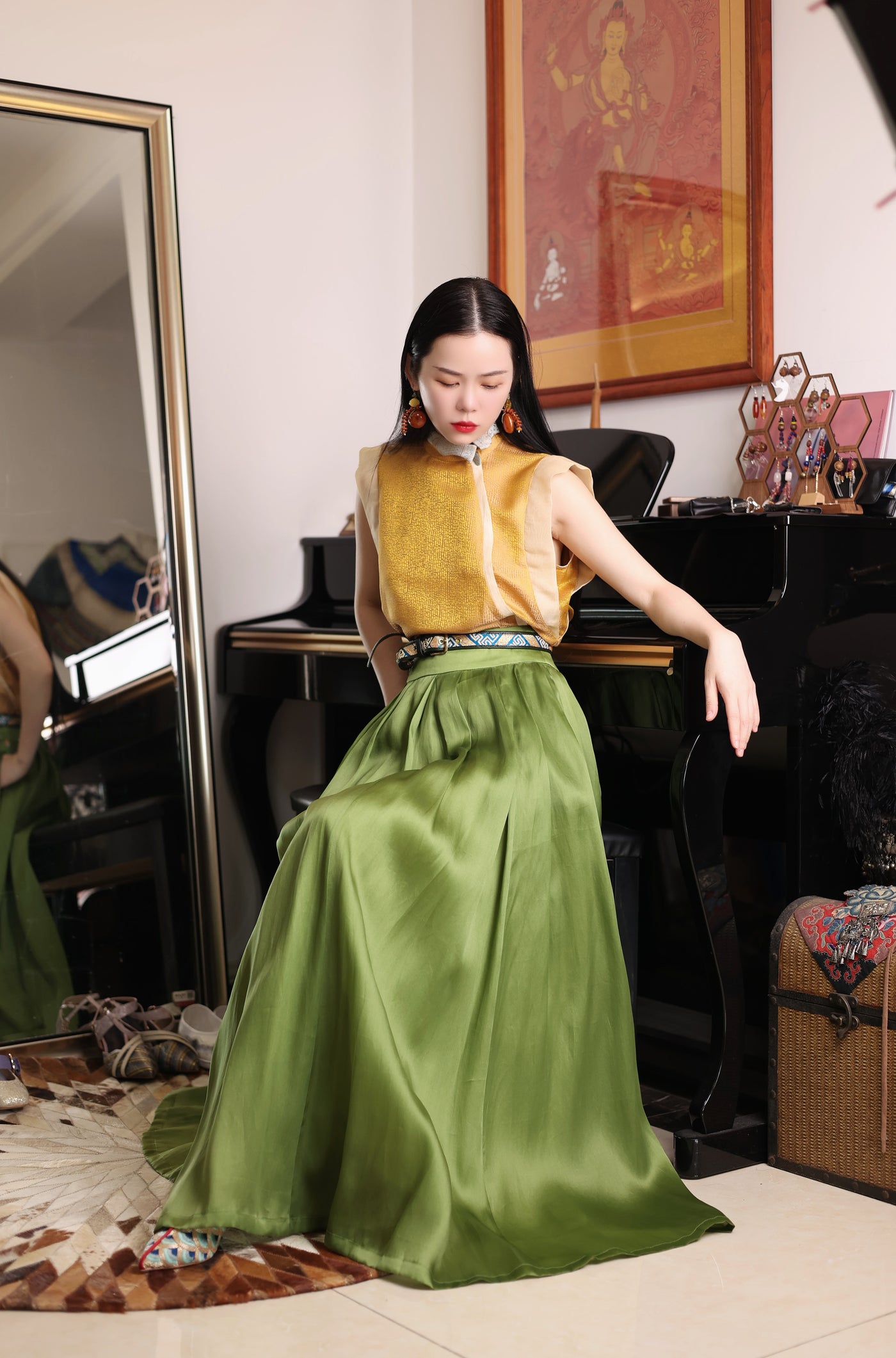 Yellow top + green long skirt