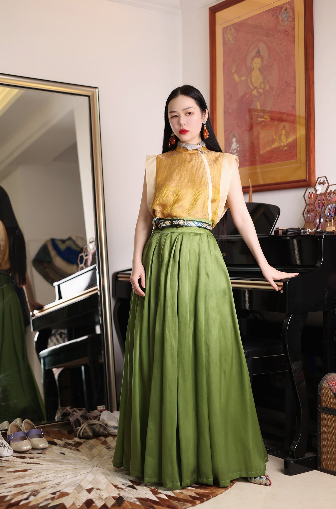 Yellow top + green long skirt