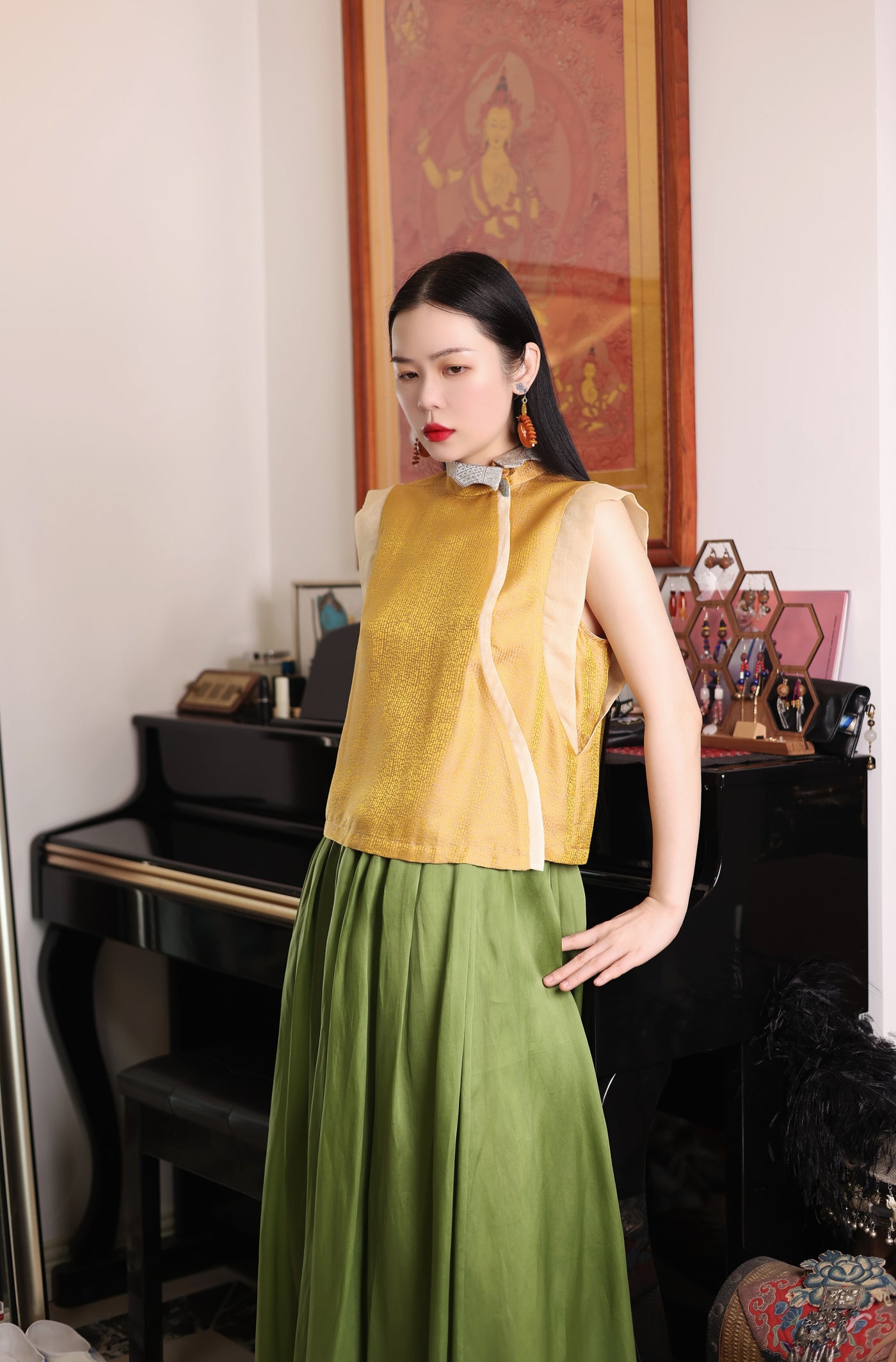 Yellow top + green long skirt