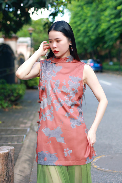 Pomegranate Red Chinese Sleeveless Top